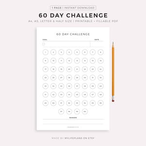 Sfida di 60 giorni, definizione degli obiettivi, monitoraggio dei progressi, creazione di abitudini, formato A4/A5/Lettera/Mezzo, PDF stampabile e compilabile, orizzontale, download immediato