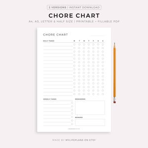 Tabla de tareas para niños y adultos, tabla de responsabilidades, plantilla de lista de tareas, tamaño A4/A5/Carta/Media página, descarga instantánea en PDF