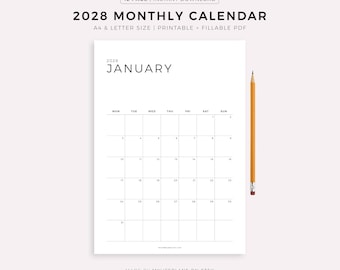 2028 Monthly Calendar Printable & Fillable, Year Calendar Template, Minimalist Wall Calendar, Desk Calendar, A4/Letter, Instant Download PDF