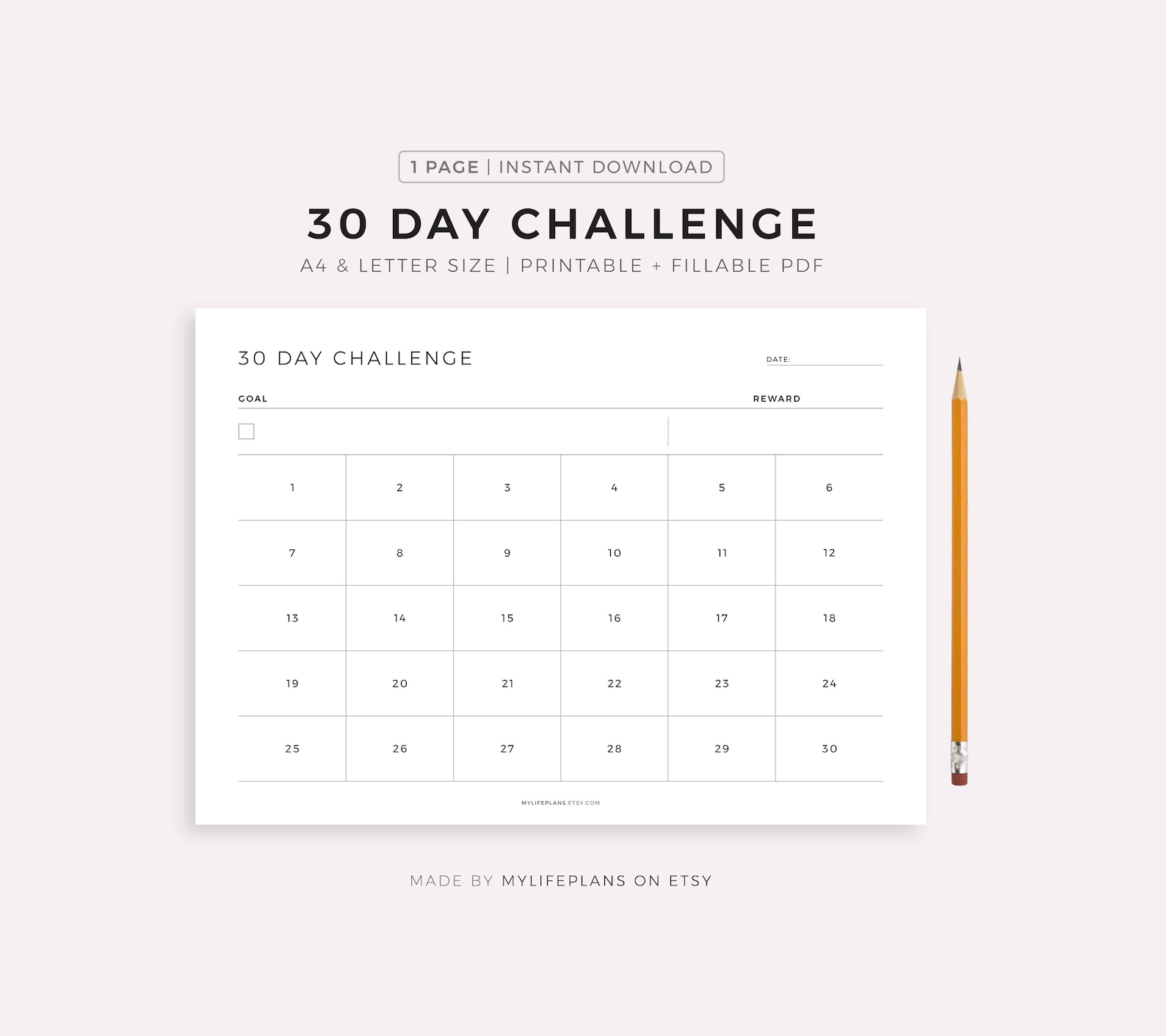 30 Day Challenge Printable Landscape, Goal Setting, Progress Tracker ...