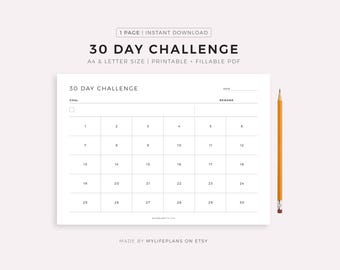 30 Day Challenge Printable Landscape, Goal Setting, Progress Tracker, Habit Forming, A4/Letter, Instant Download PDF