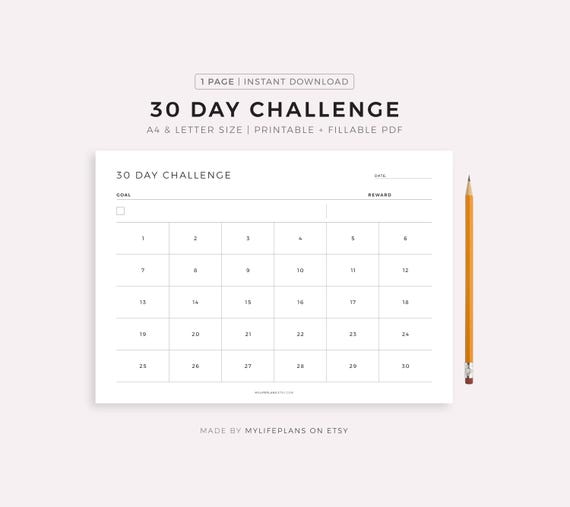 30 Day Challenge Printable Landscape, Goal Setting, Progress Tracker, Habit Forming, A4/Letter, Instant Download PDF