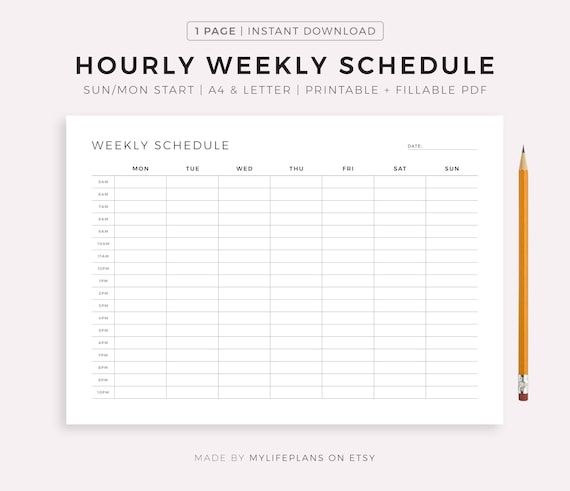 Hourly Weekly Schedule Landscape Weekly Planner Printable - Etsy