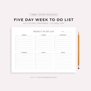 Five Day Week To Do List Printable Landscape, Weekly Task List, Week At a Glance, Student/Teacher Planner, Work/Office Planner, A4/Letter