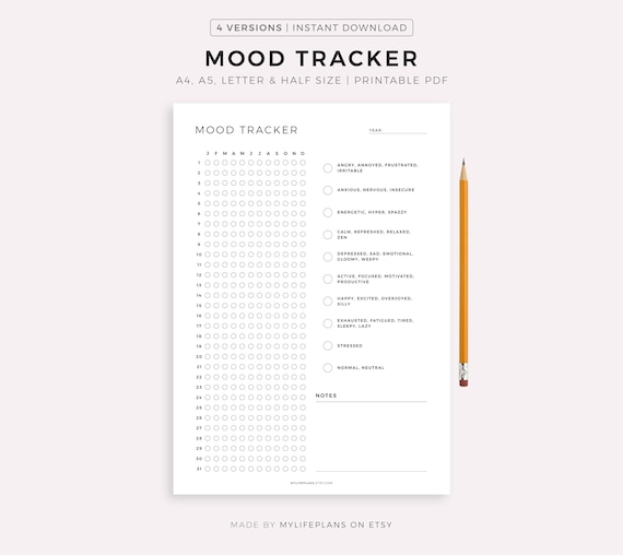 Mood Tracker Printable, A Year In Pixels, Mood Journal, Emotion Tracker, Mood Chart, Wellness Planner, A4/A5/Letter/Half, Instant Download
