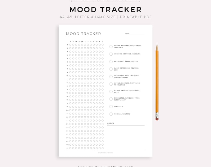 Mood Tracker Printable, A Year In Pixels, Mood Journal, Emotion Tracker, Mood Chart, Wellness Planner, A4/A5/Letter/Half, Instant Download