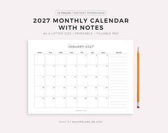 2027 Monthly Calendar with Notes, Landscape, Printable Calendar Template, Minimalist Calendar, Year Calendar, Monday/Sunday Start, A4/Letter