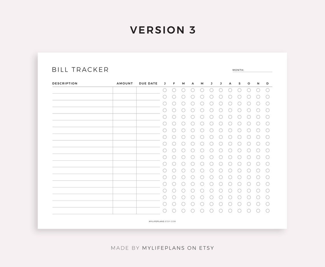 Printable Bill Tracker Template Landscape Bill Organizer Etsy