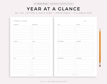 Das Jahr auf einen Blick, zweiseitiger Jahresplaner, 12 Monatsübersicht, minimalistischer Planer, A4/A5/Letter/Half, Sofort-Download PDF