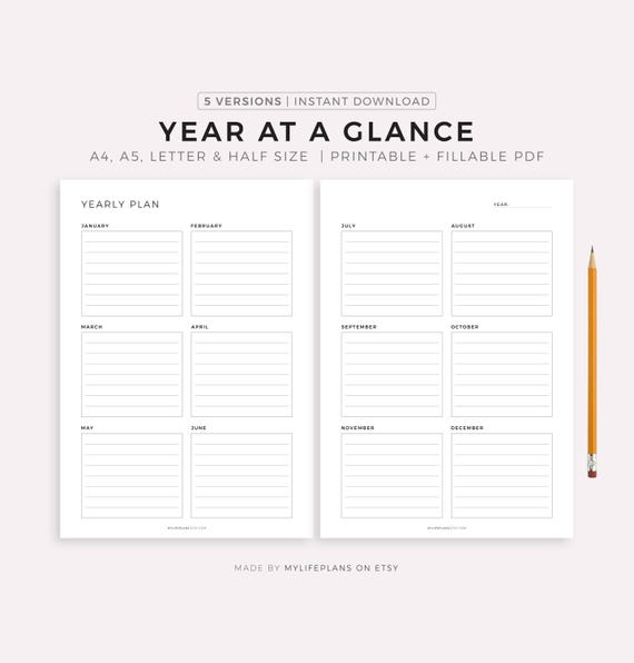 Year At a Glance, Two Page Yearly Planner Printable, 12 Month Overview, Minimalist Planner, A4/A5/Letter/Half, Instant Download PDF
