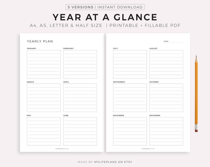 Undated Year Calendar Printable & Fillable, Year at a Glance, Year on ...