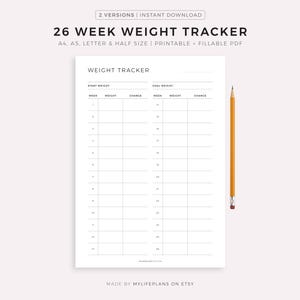 26 Week Weight Tracker Printable & Fillable, Weight Loss Tracker, Weight Log, Weight Journal, A4/A5/Letter/Half Size, Instant Download PDF