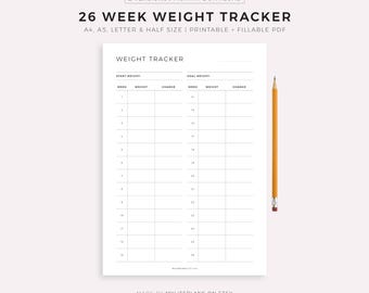 26 Week Weight Tracker Printable & Fillable, Weight Loss Tracker, Weight Log, Weight Journal, A4/A5/Letter/Half Size, Instant Download PDF