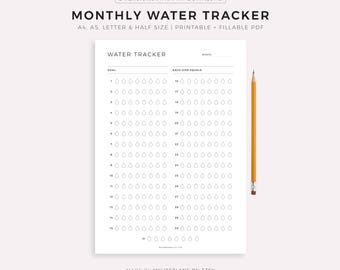 Monthly Water Tracker Printable, 31 Day Water Challenge, Hydration Tracker, Water İntake, Drink Water Reminder, A4/A5/Letter/Half Size