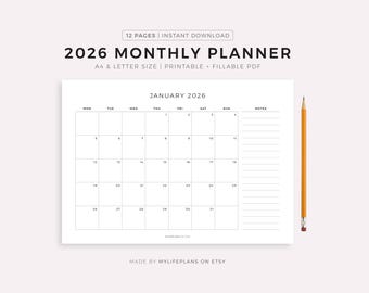 Planificador mensual horizontal 2026, mes con fecha en una página, calendario 2026, resumen del mes, tamaño A4/carta, imprimible y rellenable, descarga instantánea