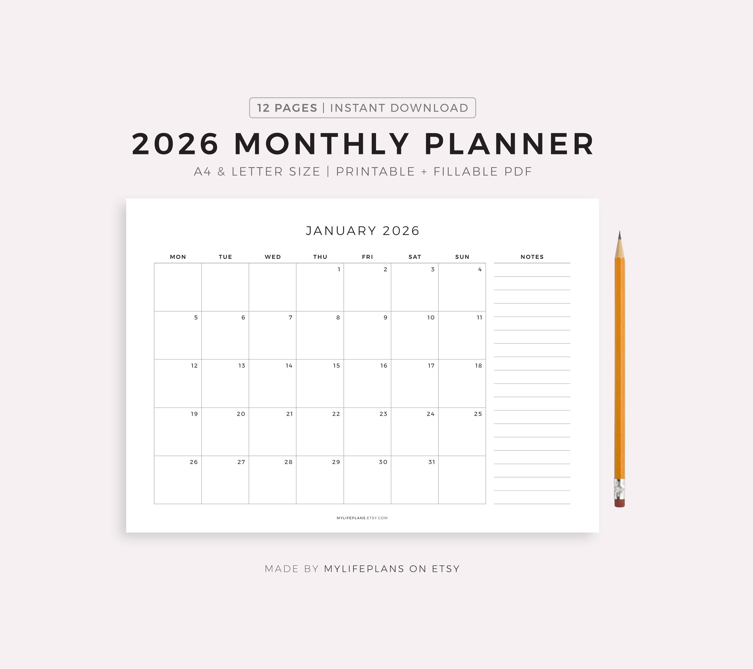 2026 Monthly Planner Landscape, Dated Month on 1 Page, 2026 Calendar ...