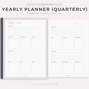 Yearly Planner, Quarterly Goals, Tasks & Reminders, Compatible with Remarkable 2, Instant Download