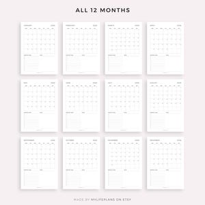 May include: A set of 12 minimalist 2026 monthly calendars. Each calendar is on a separate white page with a simple grid layout. The text "ALL 12 MONTHS" is at the top. The Etsy shop name is at the bottom. Each page has space for notes.
