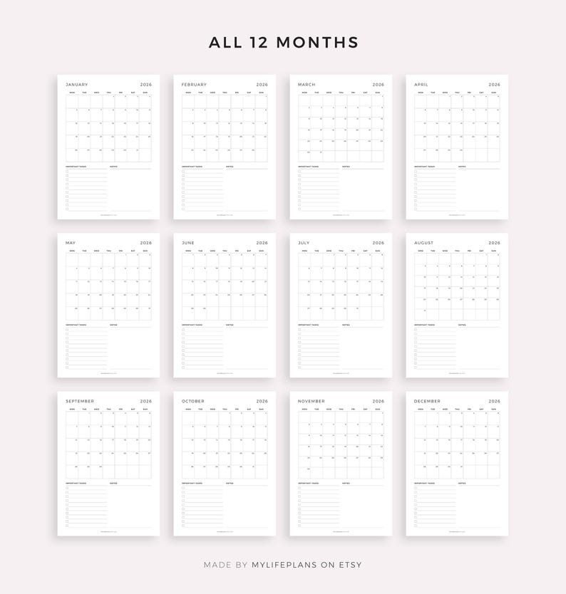 May include: A set of 12 minimalist 2026 monthly calendars. Each calendar is on a separate white page with a simple grid layout. The text "ALL 12 MONTHS" is at the top. The Etsy shop name is at the bottom. Each page has space for notes.