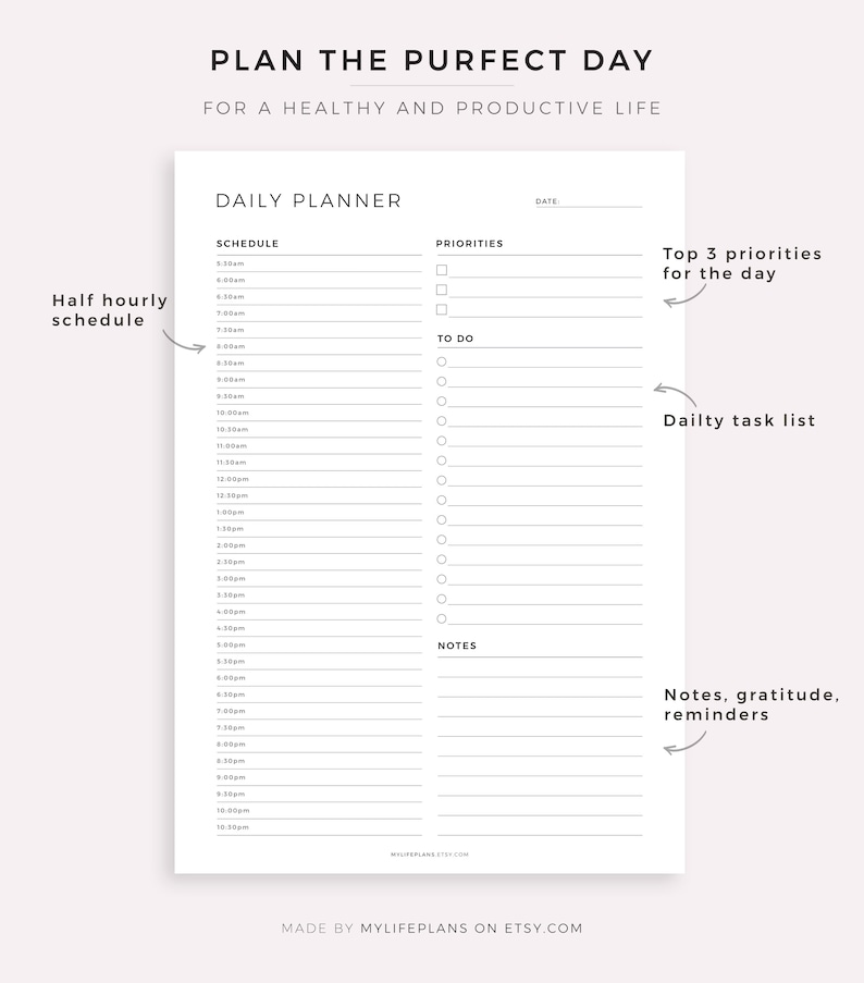 May include: A black and white printable daily planner with the title "Plan the Perfect Day" and the subtitle "For a Healthy and Productive Life". The planner includes sections for schedule, priorities, to do, notes, and a daily task list.