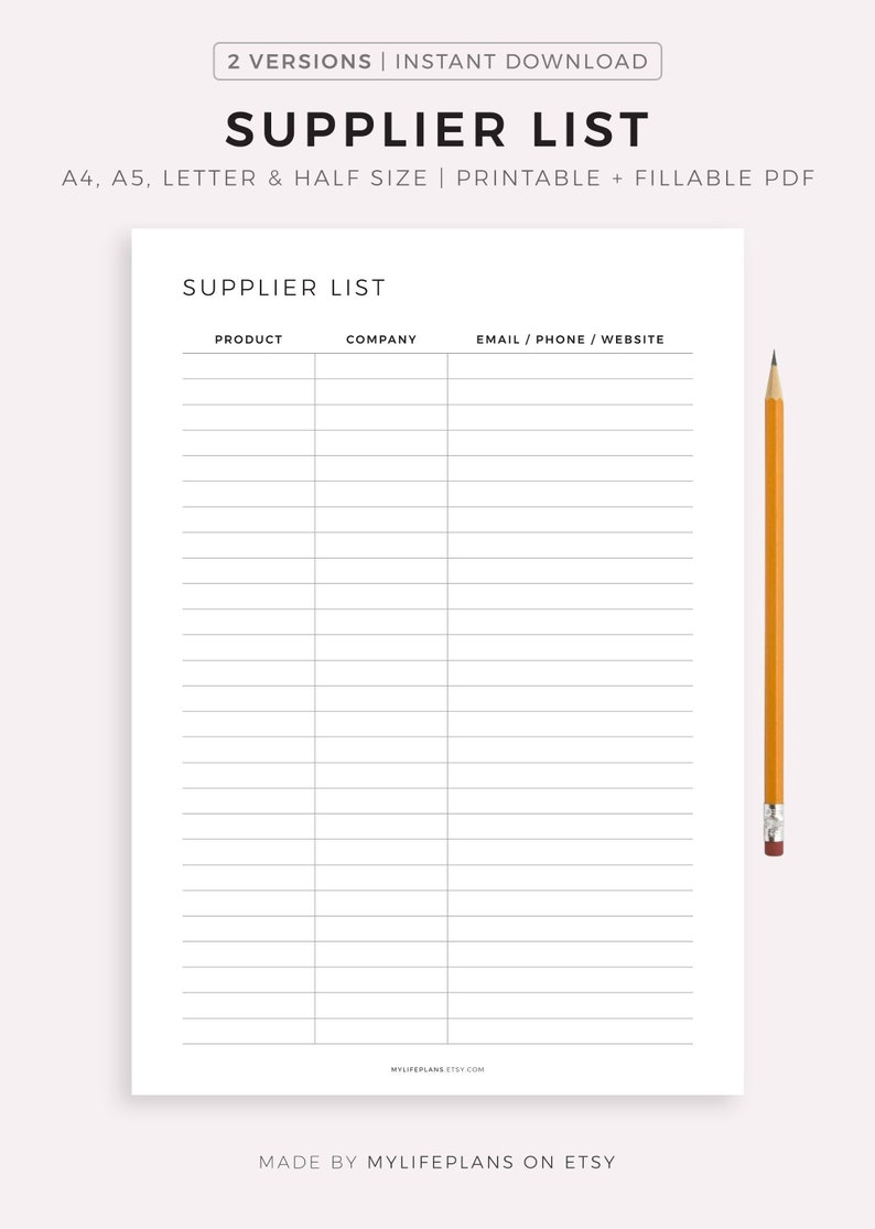 Supplier List Printable Supplier Information Log Supplies Etsy
