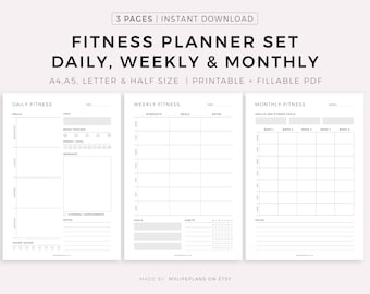 Fitness Planner Set - Plan your Workouts, Meals, Vitamin Intake, Water Intake, Goals, Habits, A4/A5/Letter/Half Size, Instant Download PDF