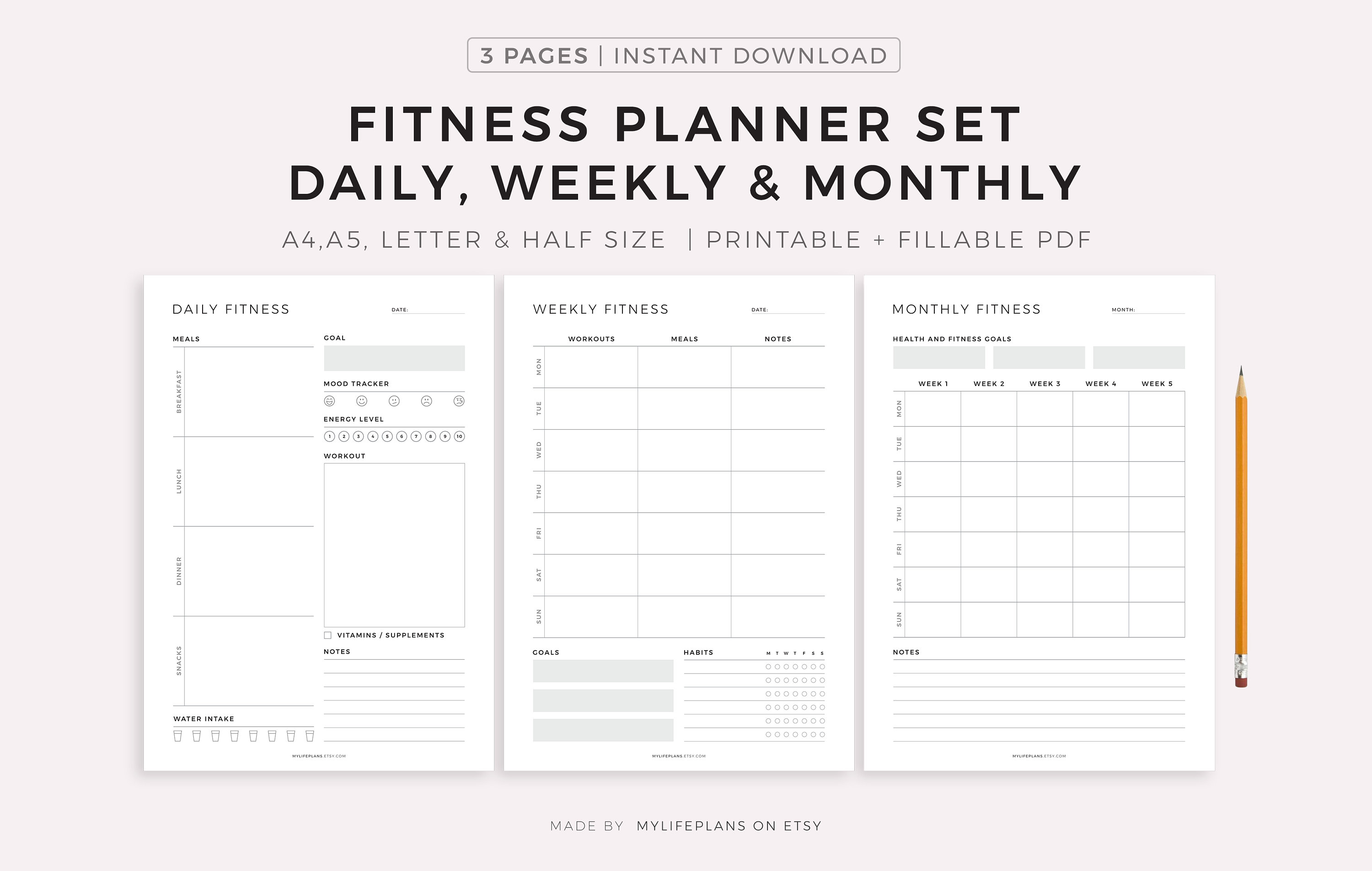 Fitness Planner Set - Plan your Workouts, Meals, Vitamin Intake, Water Intake, Goals, Habits, A4/A5/Letter/Half Size, Instant Download PDF