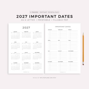 May include: A printable 2027 calendar and important dates planner. The calendar features a simple black and white design with monthly layouts. The planner includes space for notes. A pencil rests on the right side.