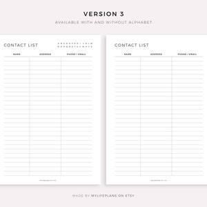 May include: A printable contact list template with two columns, one for "Name" and the other for "Address". The third column is labelled "Phone/Email". The template is available with and without an alphabet.