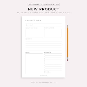 新製品プランナー（印刷可能）、製品開発、製品発売、ビジネスプランナー、A4/A5/レター/ハーフ、PDFの即時ダウンロード
