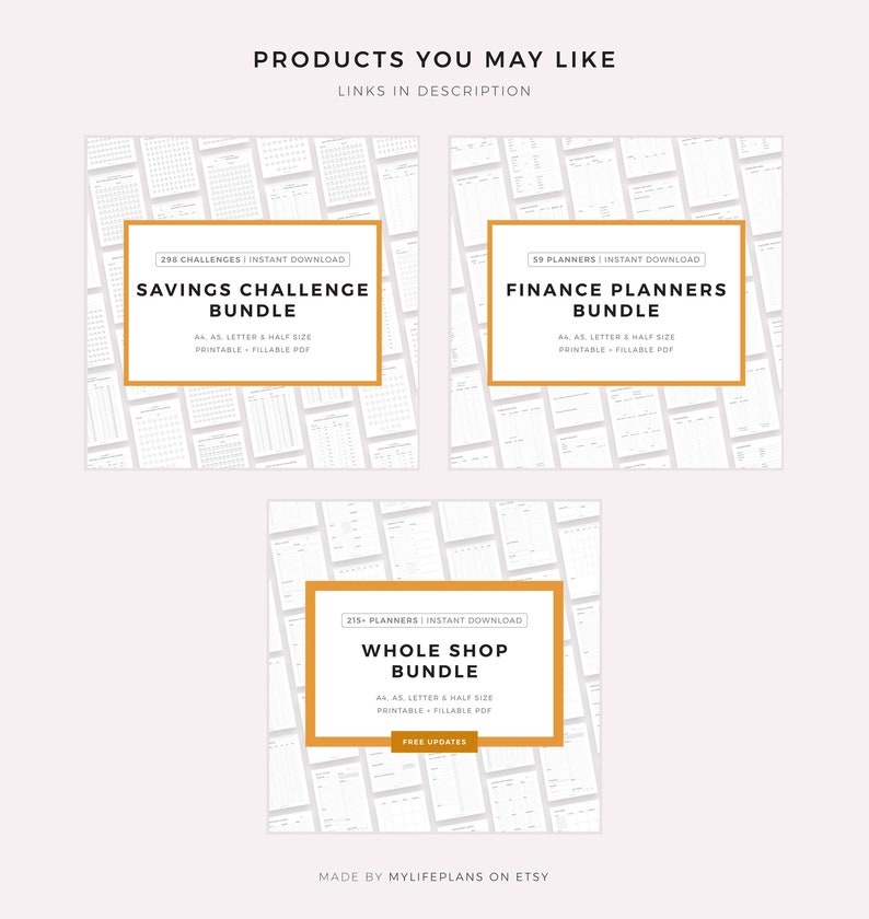 May include: Three digital printable bundles for personal finance and savings. The bundles include 298 savings challenges, 55 finance planners, and 215+ planners. All bundles are printable and fillable PDFs in A4, A5, letter, and half sizes. Free updates are included.