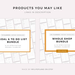 May include: Two digital product bundles for printable planners. The first bundle is titled "Goal & To Do List Bundle" and includes 70 planners. The second bundle is titled "Whole Shop Bundle" and includes 215 planners. Both bundles are available for instant download and include printable and fillable PDF files. The bundles are available in A4, Letter, and half sizes.