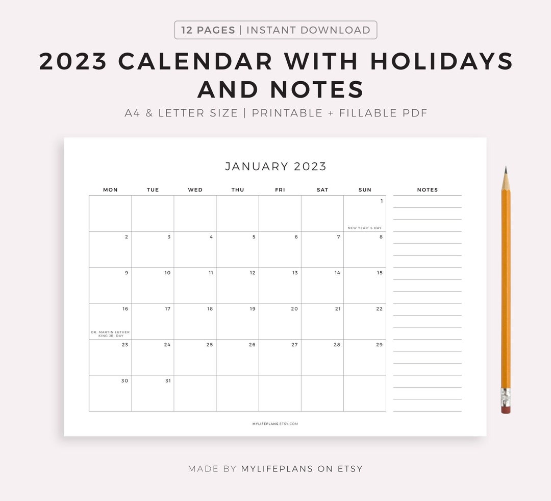 Cute Free Printable 2023 Monthly Calendar With Holidays