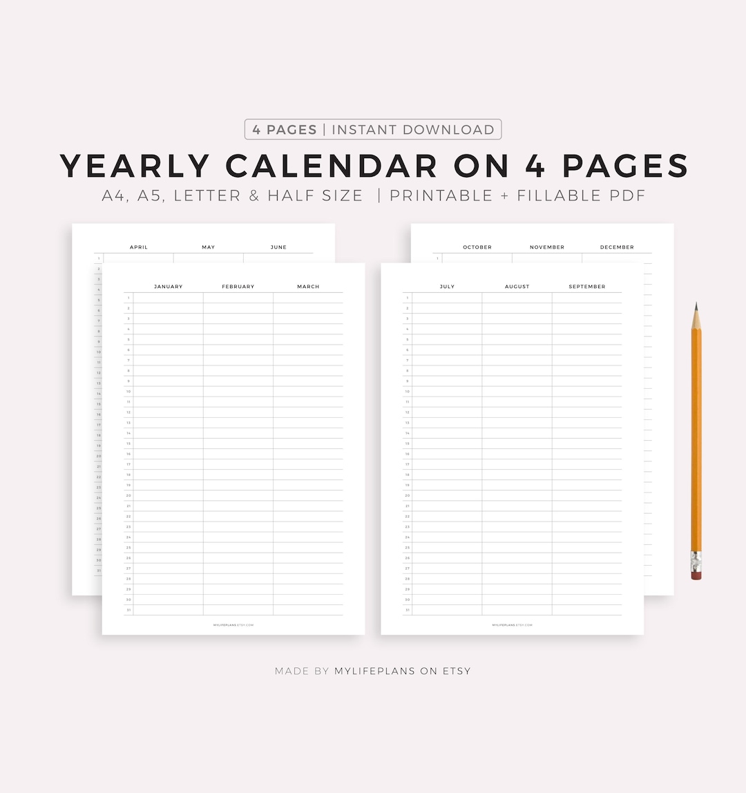 Year Calendar on Four Pages Printable, Quarterly Overview, Yearly ...