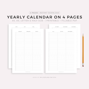 Year Calendar on Four Pages Printable, Quarterly Overview, Yearly Planner, Minimalist Calendar Template, A4/A5/Letter/Half, Instant Download