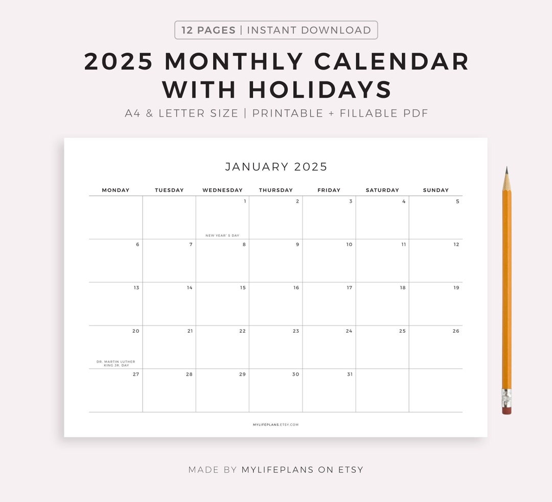 2025 Monthly Calendar With Holidays, Printable Calendar Template