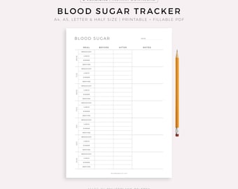Blood Sugar Tracker Printable Template, Blood Glucose Tracker, Diabetic Log, Blood Sugar Log, Diabetes Tracker, Health Tracker