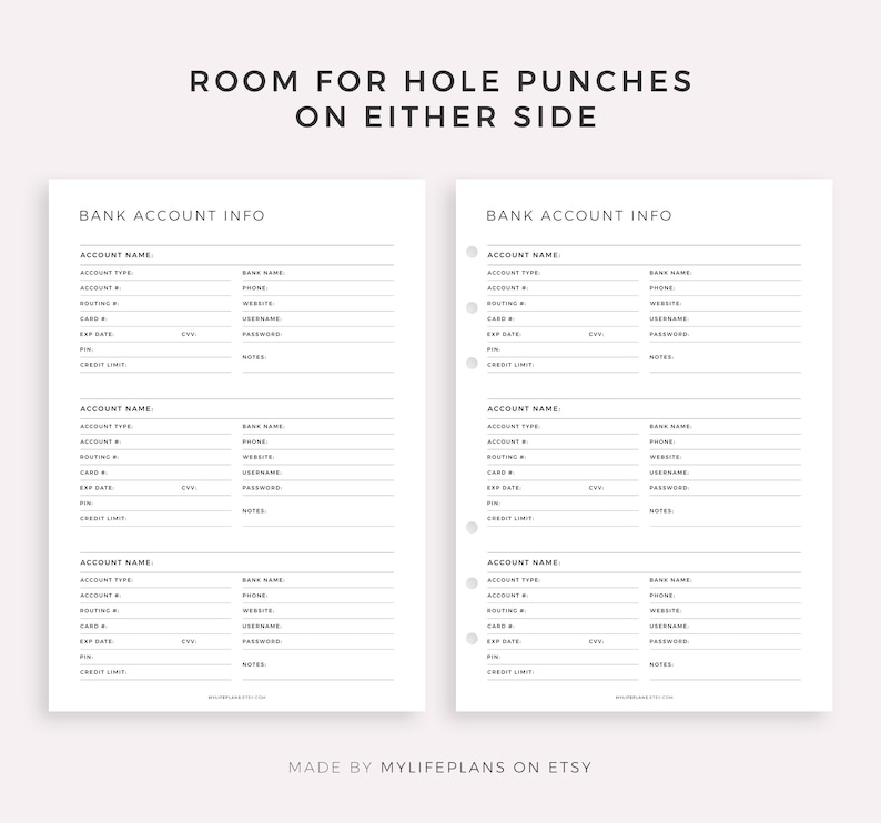 Bank Account Information Tracker Printable, Bank Account Log, Bank Details, A4/A5/Letter/Half Size, Instant Download PDF image 4