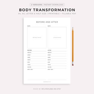 Lichaamstransformatie voor en na, foto's trainingsvoortgang, fitnessreis, fitnessdoelen, A4/A5/Letter/Half, pdf-bestand direct te downloaden