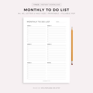 Monthly To Do List Printable, Monthly Task List Template, Monthly Planner, A4/A5/Letter/Half, Instant Download PDF