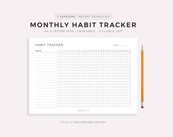 Monthly Habit Tracker Printable Landscape, Habit Tracker Template, Routine Tracker, 30 Day Habit Challenge, A4/Letter, Instant Download