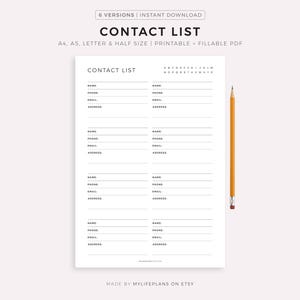 Contacts List Printable, Address Book, Contact Information, Contact Organizer, Planner Inserts, A4/A5/Letter/Half Size, Instant Download PDF image 1