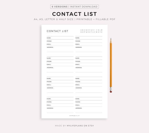Contacts List Printable, Address Book, Contact Information, Contact Organizer, Planner Inserts, A4/A5/Letter/Half Size, Instant Download PDF