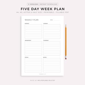 Five Day Weekly Planner Printable, Student Planner, Desk Organizer, Weekly Schedule, Weekly Agenda, Work Planner, A4/A5/Letter/Half