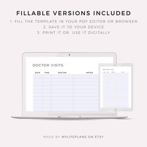May include: A digital printable doctor's appointment tracker with a laptop and tablet displaying the template. The template has columns for date, time, doctor, and notes.