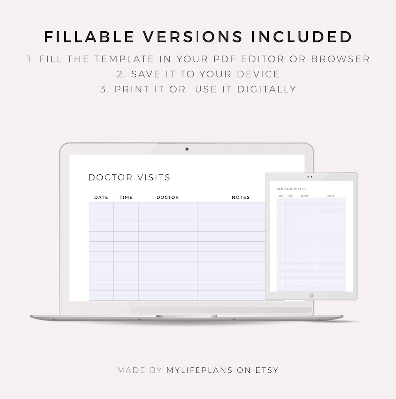 May include: A digital printable doctor's appointment tracker with a laptop and tablet displaying the template. The template has columns for date, time, doctor, and notes.