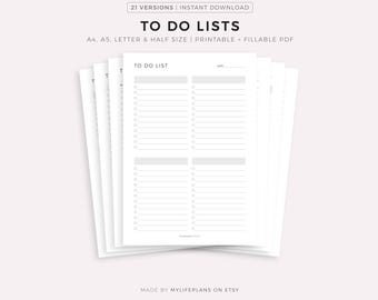 To Do Lists, Task Lists, Printable & Fillable Templates PDF, A4/A5/Letter/Half, Instant Download