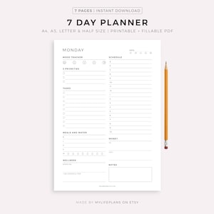 Planejador de 7 dias para impressão, planejador diário, planejador semanal, lista de tarefas diárias para trabalho/vida pessoal, download instantâneo, A4/A5/carta/meia-carta