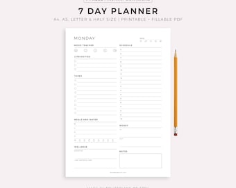 7 Day Planner Printable, Daily Planner, Weekly Planner, Daily To Do List for Work / Personal Life, Instant Download, A4/A5/Letter/HalfLetter