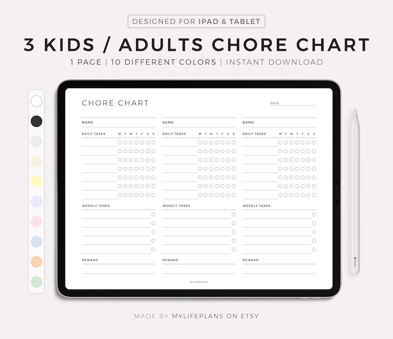 Chore Chart for 3 Kids / Adults, Digital Planner for Goodnotes ...